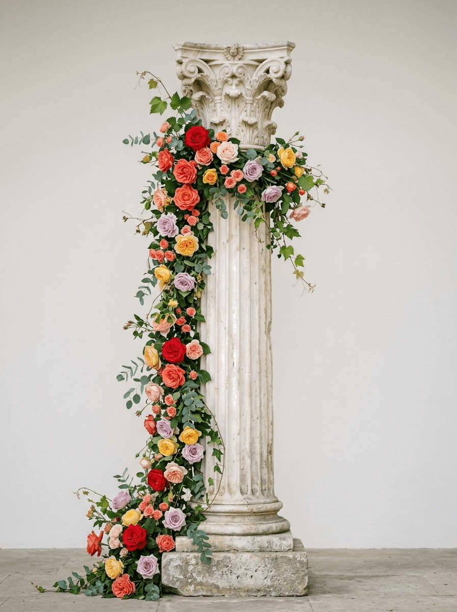 Classical Marble Column Draped with Floral Garland